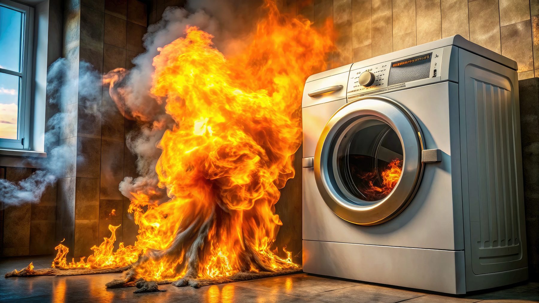 Flames erupt from a malfunctioning clothes dryer, spewing smoke dryer fire
