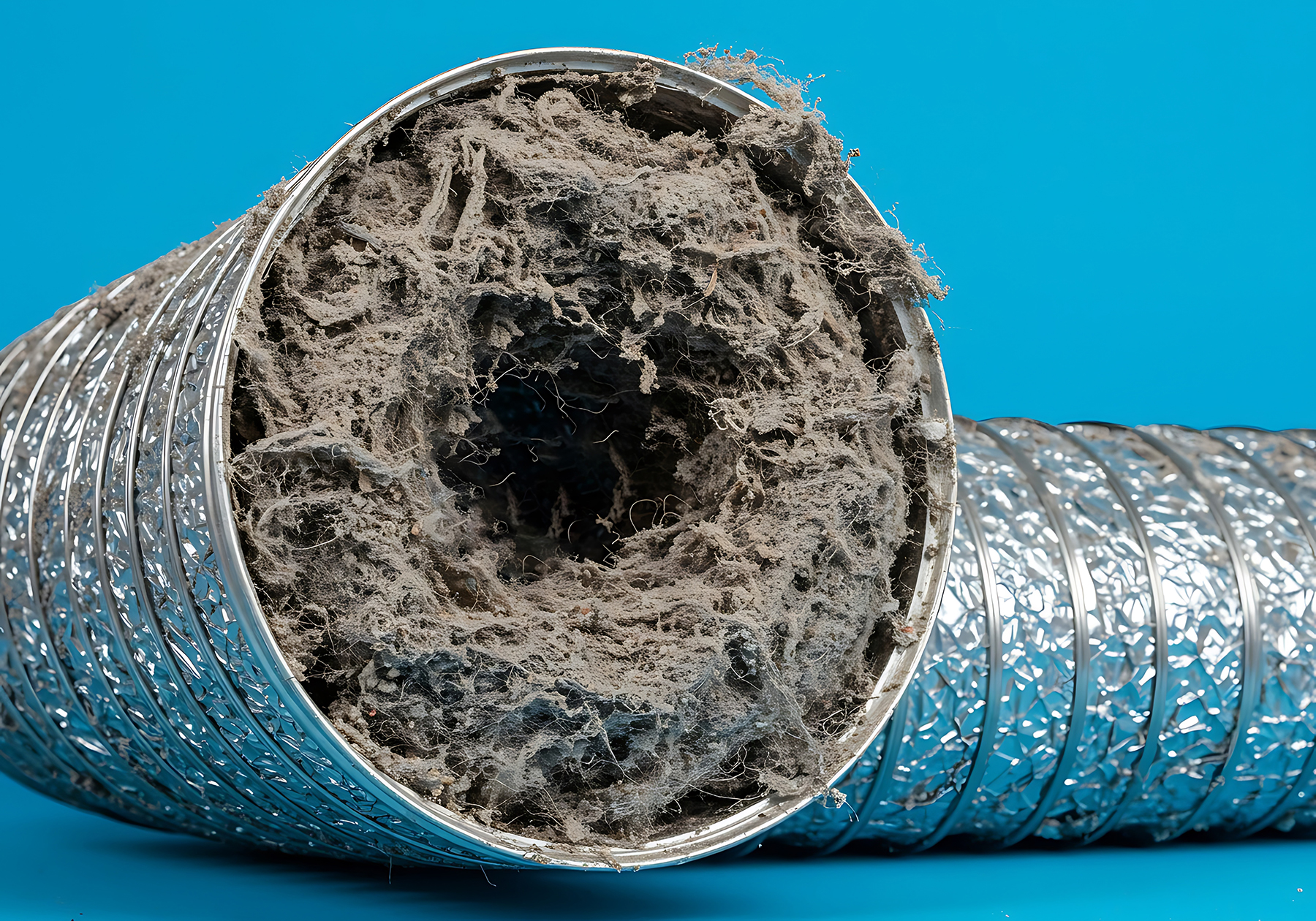 A close-up view of a dirty, flexible aluminum dryer vent duct fi Lint buildup in clothes dryer